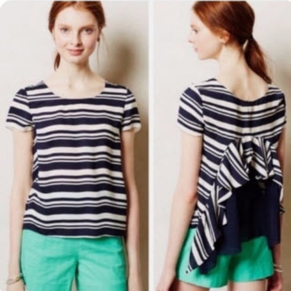 Anthropologie Maeve Stripe Apropos Top‎ Small Drapey Pinked Edges Fluttery Hem